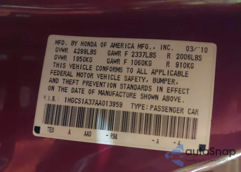 2010 Honda Accord 2.4 Lx-S z USA, uszkodzony, nr VIN 1HGCS1A37AA013959